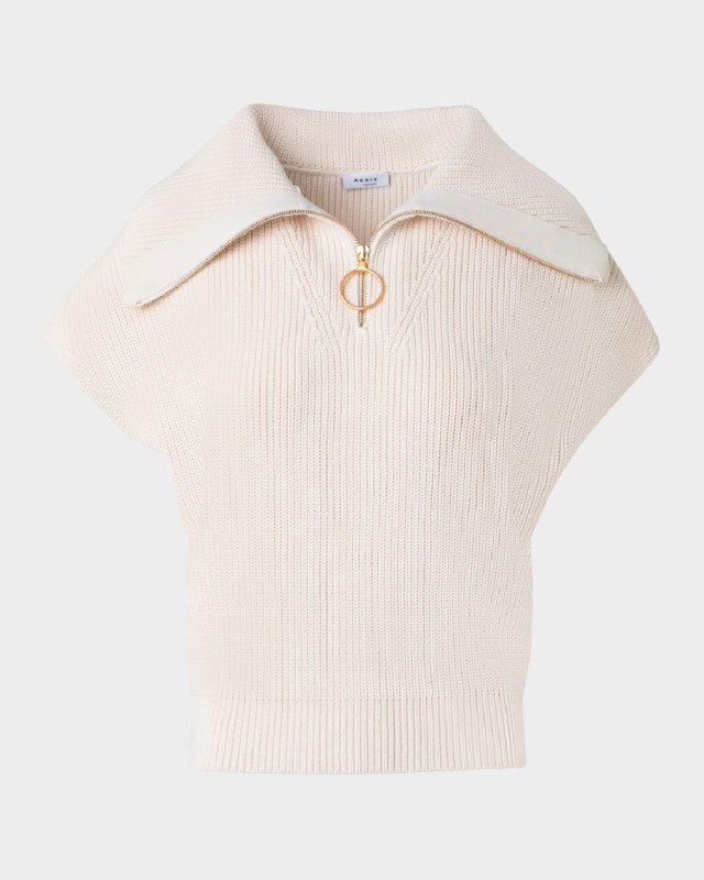 Sailor-Collar Cap-Sleeve Zip Knit Sweater